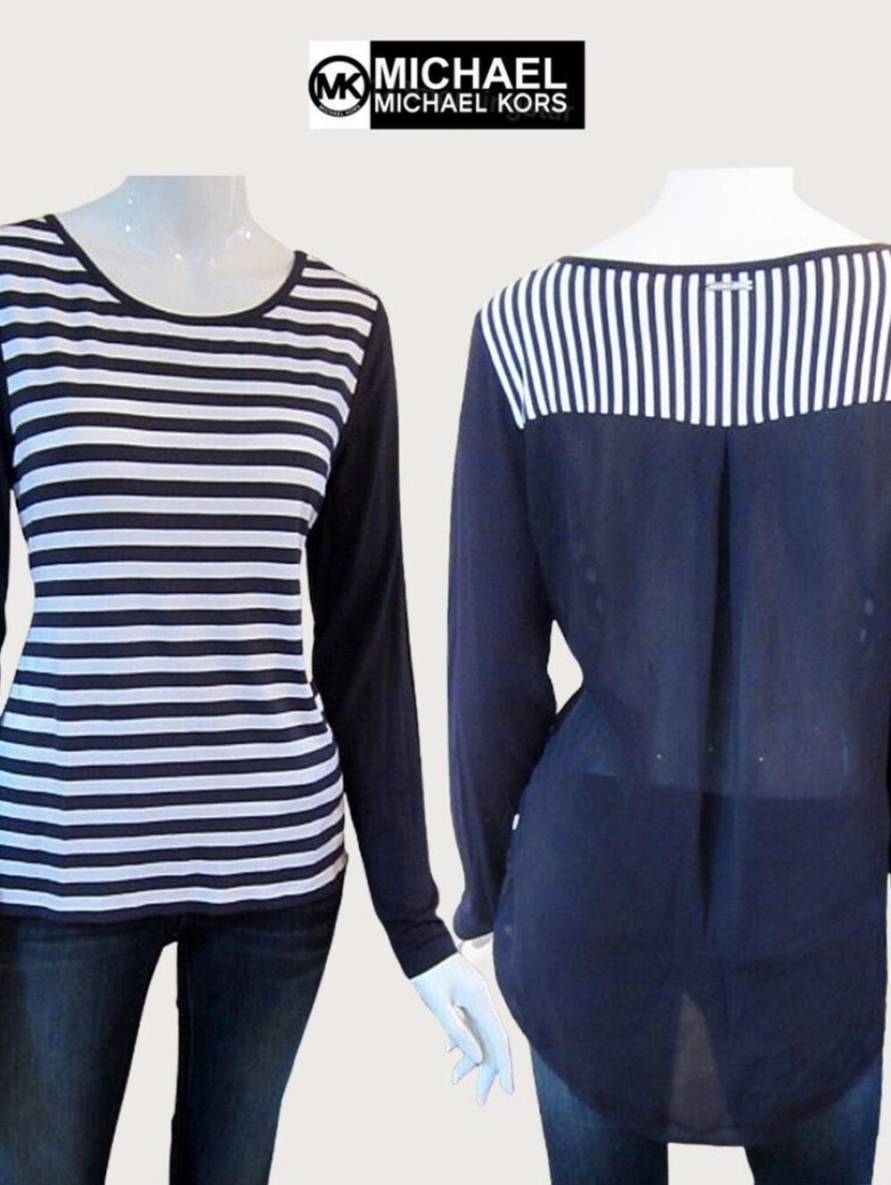 MICHAEL Michael Kors Navy Striped Sheer Back Hi-Low Top - Small